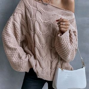 Asymmetrical Neck Cable Knit Sweater